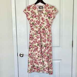 Reformation Lace-Up Floral Midi Dress in Cream and Pink